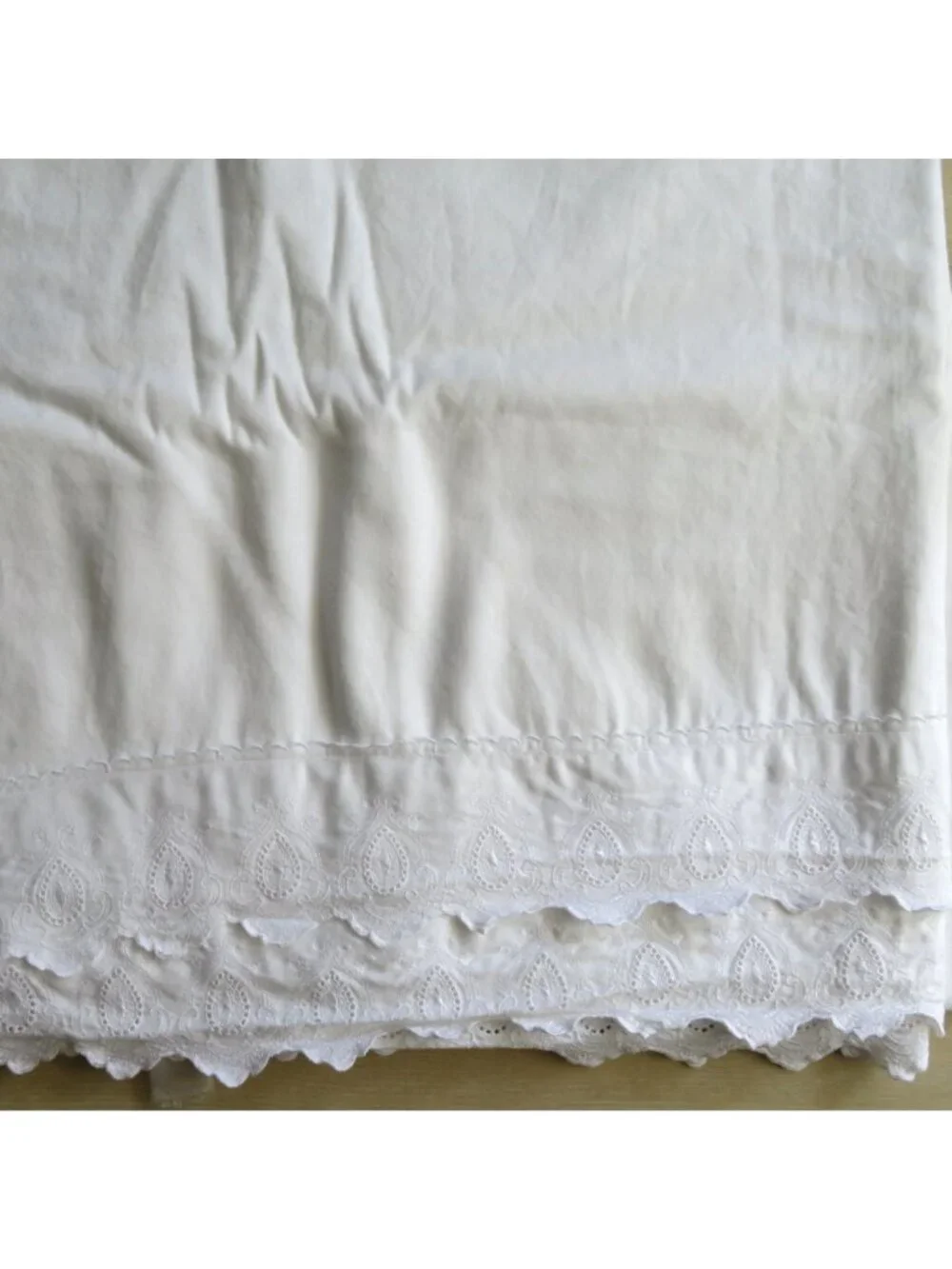 Vintage King Flat Sheet With Embroidered Scalloped Hem - White Cotton Bedding